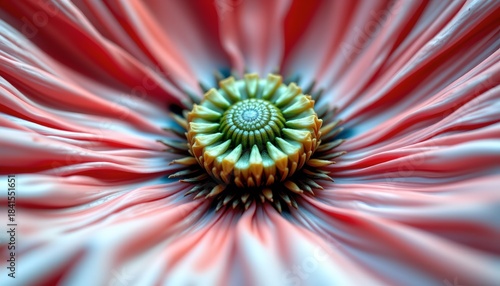 A close up view of a vibrant flower, likely a dahlia or gerbera, with its intricate structure in full focus against a blurred, complementary background.