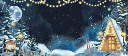 Cozy A-frame cabin in snowy winter forest at night. Christmas holiday landscape with full moon, string lights, skis, and nature retreat. Hand drawn illustration text frame template