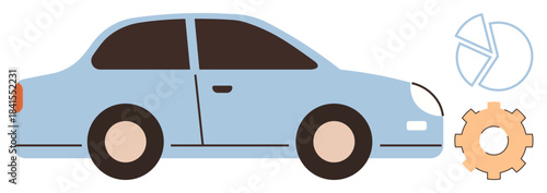 Blue sedan car with orange gear icon and pie chart, symbolizing analysis, repair, development, and automotive technology. Ideal for transportation, business, technology, engineering analytics