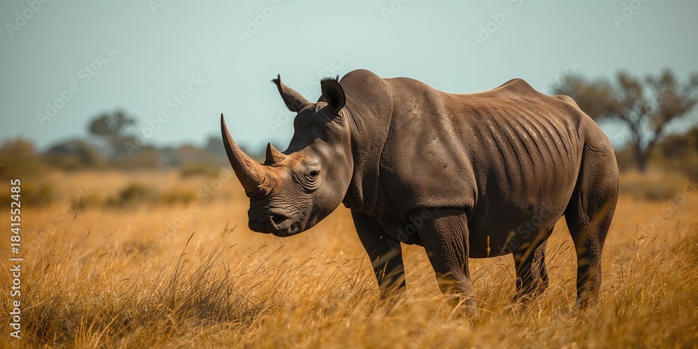 Obraz premium Diceros bicornis standing in savanna grasslands, highlighting wildlife preservation efforts