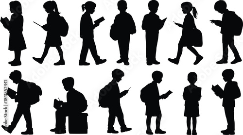 Silhouette school children reading books, students walking or standing with backpacks holding textbooks and digital devices in educational learning scene for study and classroom concepts