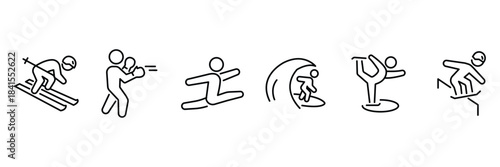 Sports extreme icon set, alpine skiing downhill, cricket wicket keeper, hurdles sprint jump, surfing wave ride, figure skating, snowboarding.