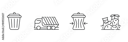 Trash bin waste icon set, garbage container, collection truck, compacting bin arrows, construction demolition debris pile outline vector illustration.