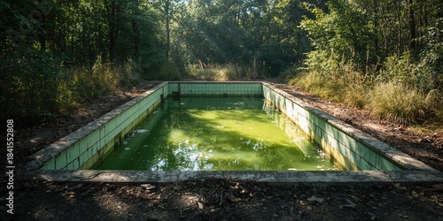 Outdoor swimming pool with stagnant green water, water quality and maintenance issues