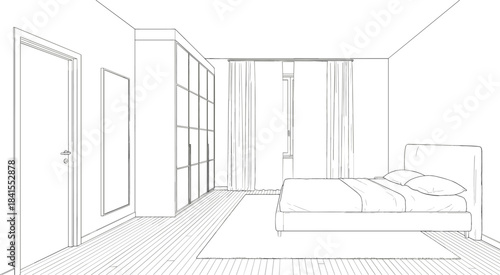 Black and White Monoline Architectural Vector Drawing of a Modern Residential Bedroom Interior with a Bed, Wardrobe, and Hardwood Flooring