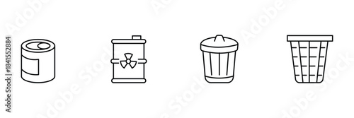 Trash bin metal icon set, soda can, hazardous barrel, classic lidded bin, mesh basket outline waste container vector illustration.