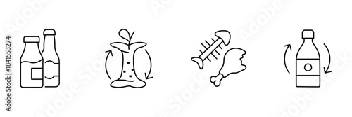 Trash bin organic icon set, glass bottle recycling, apple core compost, food bones scraps, plastic bottle arrows outline eco vector illustration.