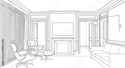 Black and White Monoline Architectural Vector Drawing of a Luxurious Classic Living Room Interior with Paneled Walls, Fireplace, Sofa, and Lounge Chair