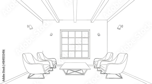 Black and White Monoline Architectural Drawing of a Contemporary Interior Lounge Space Featuring Exposed Beams and Modern Armchairs in Perspective