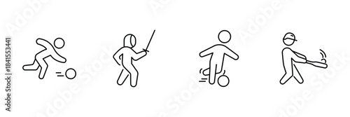 Sports games icon set, soccer dribbling, fencing duel, football kick motion, baseball batter swing outline minimal vector illustration.