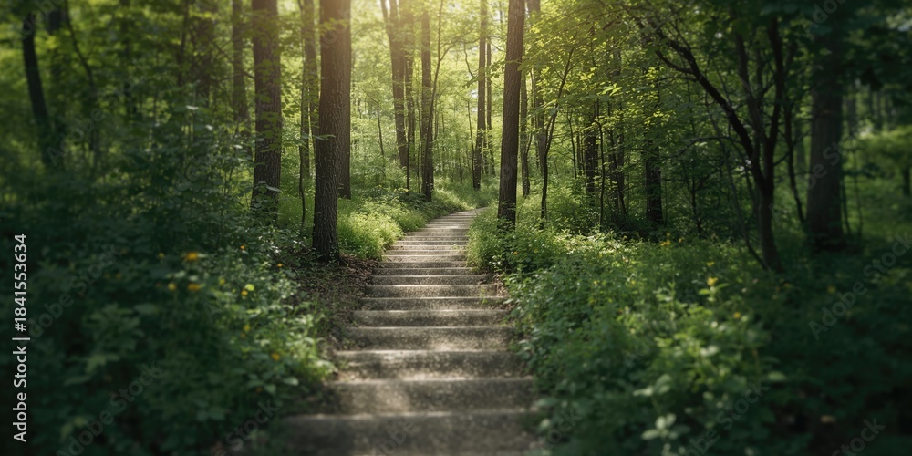 Obraz premium Concrete stairway surrounded by lush forest, natural erosion risk, Earth Day