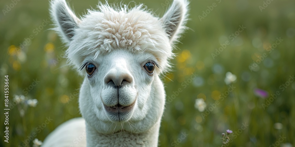 Obraz premium White alpaca gazing directly with expressive eyes in a vibrant green field, suitable for wildlife or nature themes