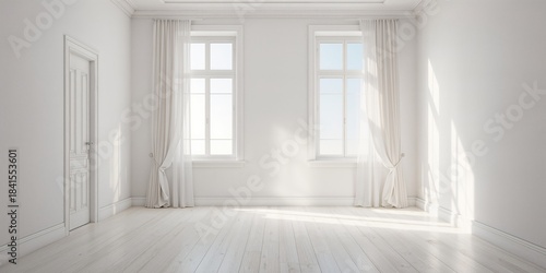 Bright white space featuring doors and expansive windows on a hardwood floor, suited for layout design