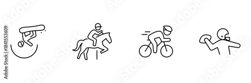 Sports action icon set, cricket bowler pitch, equestrian horse jump, road cycling race, American football quarterback throw vector illustration.