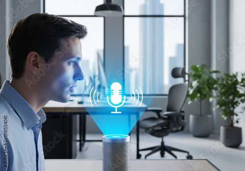 Man speaking to a smart virtual assistant with a cityscape view in a modern office