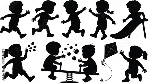 Silhouette children playing outdoors, kids running sliding blowing bubbles flying kite and playing on seesaw in active preschool playground activity scene illustration
