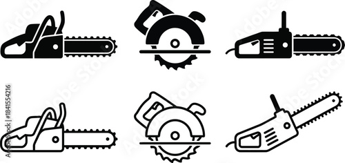 Chainsaw and Power Saw Icon Set Vector – Minimalist Electric and Circular Woodcutting Tool Silhouettes