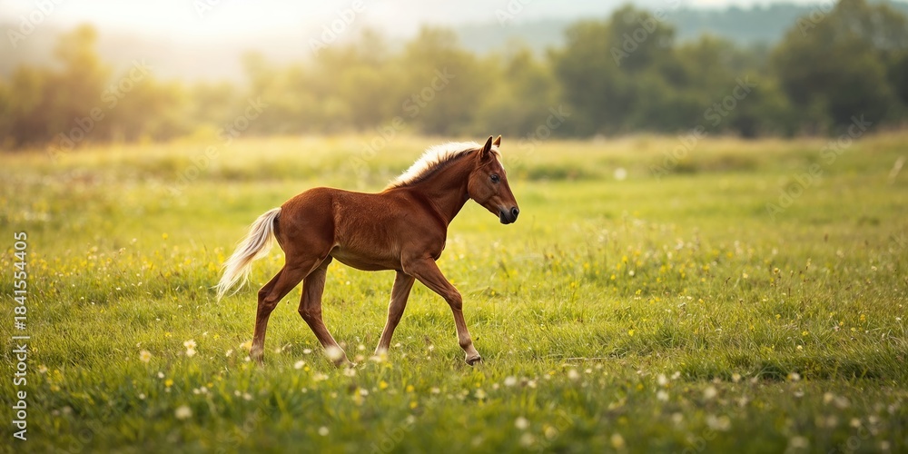Fototapeta premium Small horse walking through lush grass, focusing on equine movement and rural setting