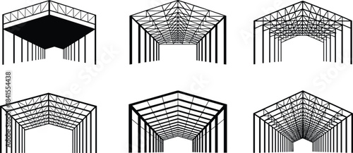 Steel structure warehouse frame silhouettes with truss roof perspective views, industrial construction architecture elements for building design, engineering projects, factory structures, fabrication 