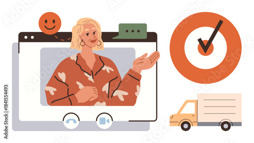 Person hosting an online video chat, surrounded by a chat bubble, checkmark and delivery truck. Ideal for communication, remote work, logistics, delivery services, customer service, teamwork time