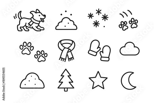 Winter Dog Icons. Playful winter dog. Line outline icon set of Playful winter dog: dog figure, snow pile,