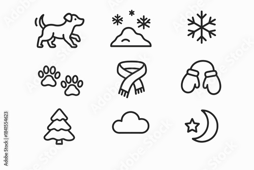 Winter Dog Icons. Winter dog play. Line outline icon set of Winter dog play: dog figure, snow pile, snowflakes