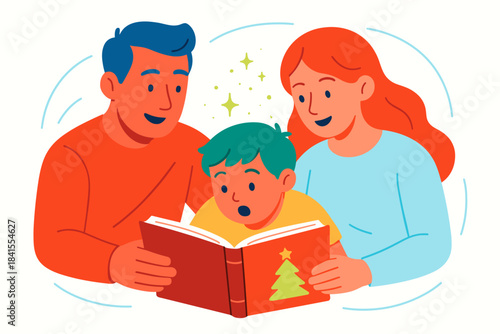 Captivating Christmas Storytelling. Parents narrating Christmas story. Child leans forward, captivated;