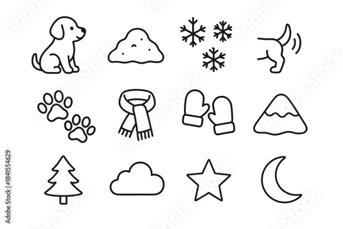 Winter Puppy Icons. Winter puppy fun. Line outline icon set of Winter puppy fun: dog figure, snow pile,