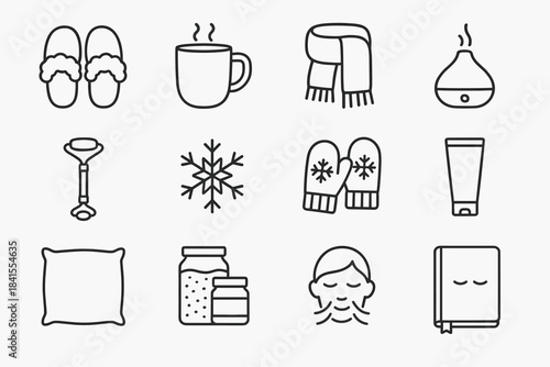 Winter Relaxation Icons. Winter relaxation essentials. Line outline icon set of Winter relaxation essentials: