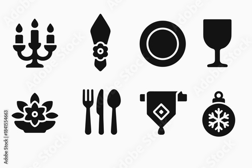 Festive Table Icons. Festive table decor. Filled icon set of festive table decor: candle holder, napkin ring,