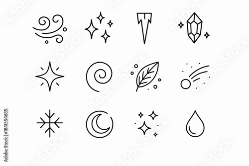 Winter Magic Icons. Winter magic motifs. Line outline icon set of Winter magic motifs: swirling snow, magic