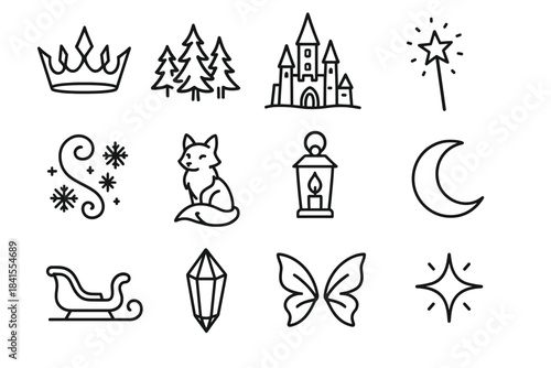 Winter Fairy Tale Icons. Winter fairy tale illustration. Line outline icon set of Winter fairy tale