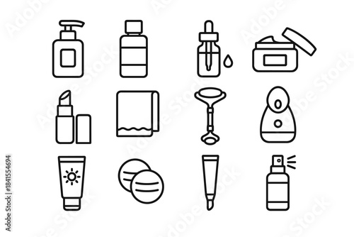 Warm Skincare Icons. Warm skincare routine. Line outline icon set of Warm skincare routine: cleanser bottle,