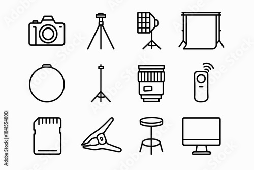 Fashion Photography Tools. Fashion photography tools. Line outline icon set of Fashion photography tools: DSLR