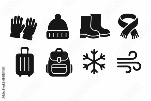 Cold Weather Icons. Cold weather trip. Filled icon set of cold weather trip: gloves, hat, boots, scarf,