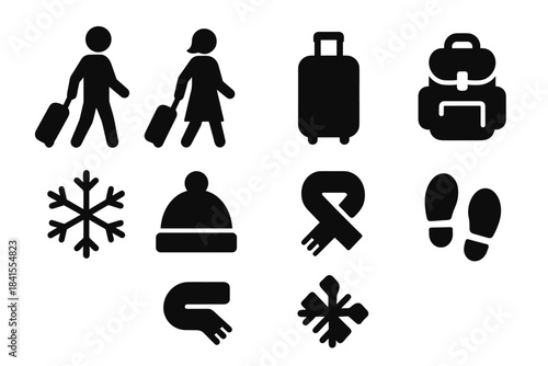 Winter Travel Icons. Couple traveling with suitcases in snow. Filled icon set of couple traveling with