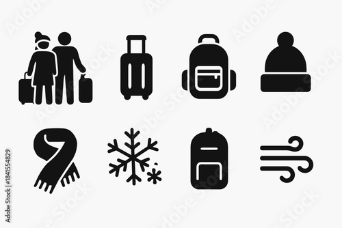 Winter Travel Icons. Couple with luggage outdoors. Filled icon set of couple with luggage outdoors: two