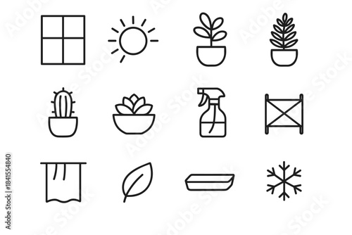 Window Plant Icon Set. Winter sun window plants. Line outline icon set of Winter sun window plants: window