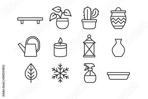 Winter Plant Icon Set. Winter plant shelf styling. Line outline icon set of Winter plant shelf styling: wooden