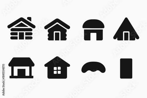 Minimal Winter Cabins. Minimal winter cabins. Filled icon set of minimal winter cabins: cabin front, cabin