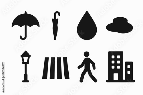 Umbrella Icon Set. Street photography with umbrellas. Filled icon set of street photography with umbrellas: