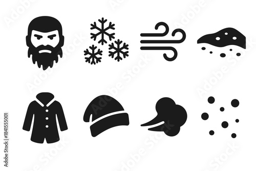 Icy Wanderer Icons. Icy wanderer. Filled icon set of icy wanderer: beard silhouette, frost clumps, wind edges,