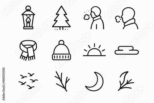 Winter Dusk Icon Set. Winter dusk mood. Line outline icon set of Winter dusk mood: lantern, pine tree, snowy