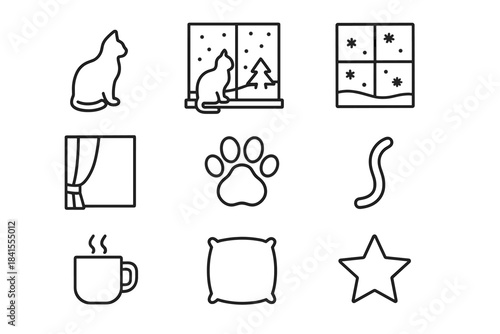 Cozy Winter Icons. Cat sitting on a windowsill with snow behind. Line outline icon set of Cat sitting on a
