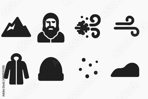 Mountain Storm Icons. Mountain storm man. Filled icon set of mountain storm man: mountain outline, bearded