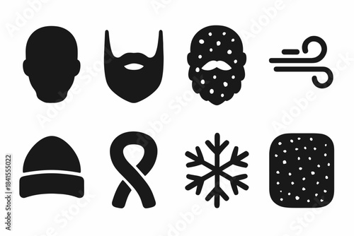Snowy Bearded Icons. Snowy bearded silhouette. Filled icon set of snowy bearded silhouette: head silhouette,