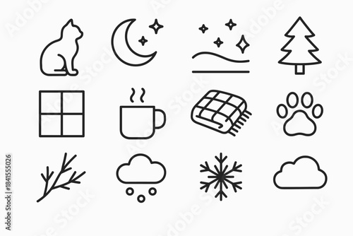 Winter Cat Icons. Cat and winter night. Line outline icon set of Cat and winter night: cat outline, crescent