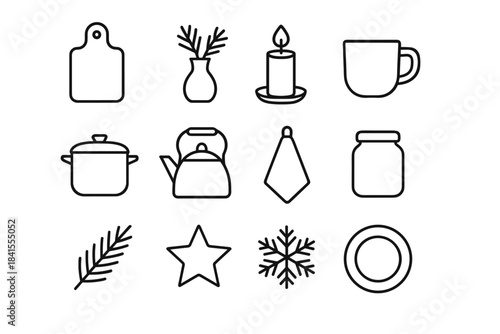 Winter Kitchen Icons. Clean winter kitchen look. Line outline icon set of Clean winter kitchen look: cutting