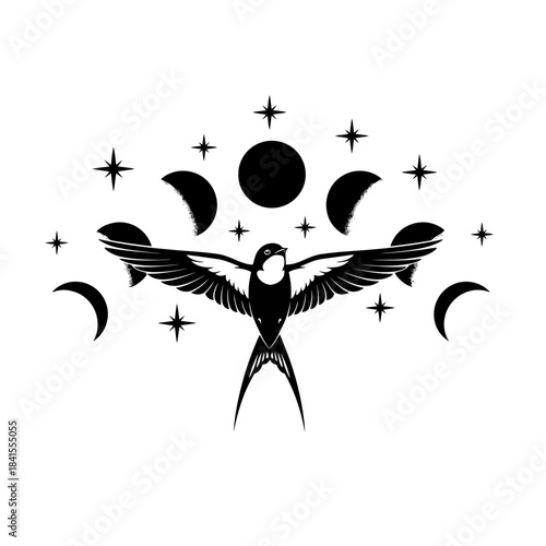 Mystical Swallow Bird with Moon Phases and Stars on Black Background