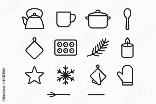Winter Kitchen Icons. Warm kitchen winter elements. Line outline icon set of Warm kitchen winter elements: